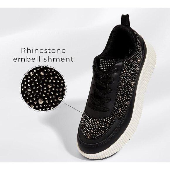 Lucky Step Women Black Rhinestone Sparkly Chunky Retro Braided Casual Sneakers - Picture 2 of 9